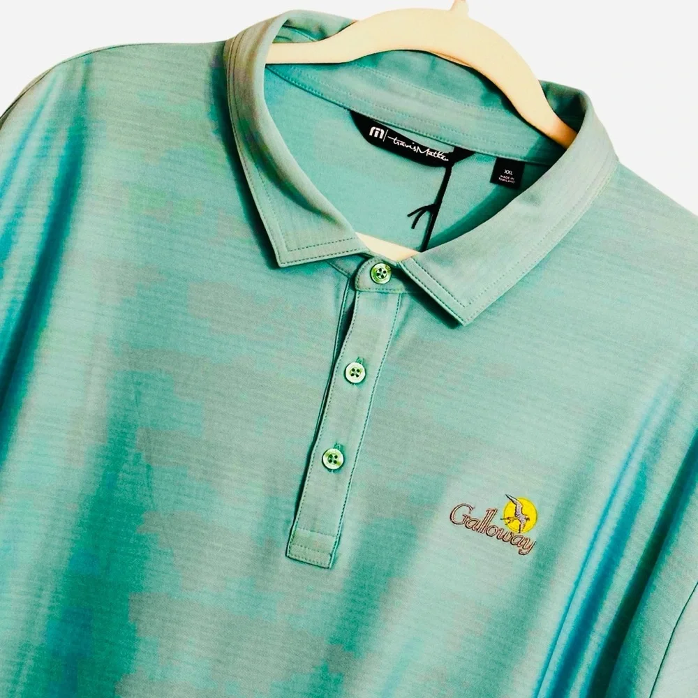 Travis Mathew NWT Galloway National GC Polo Logo Teal Green Gray Stripe XXL